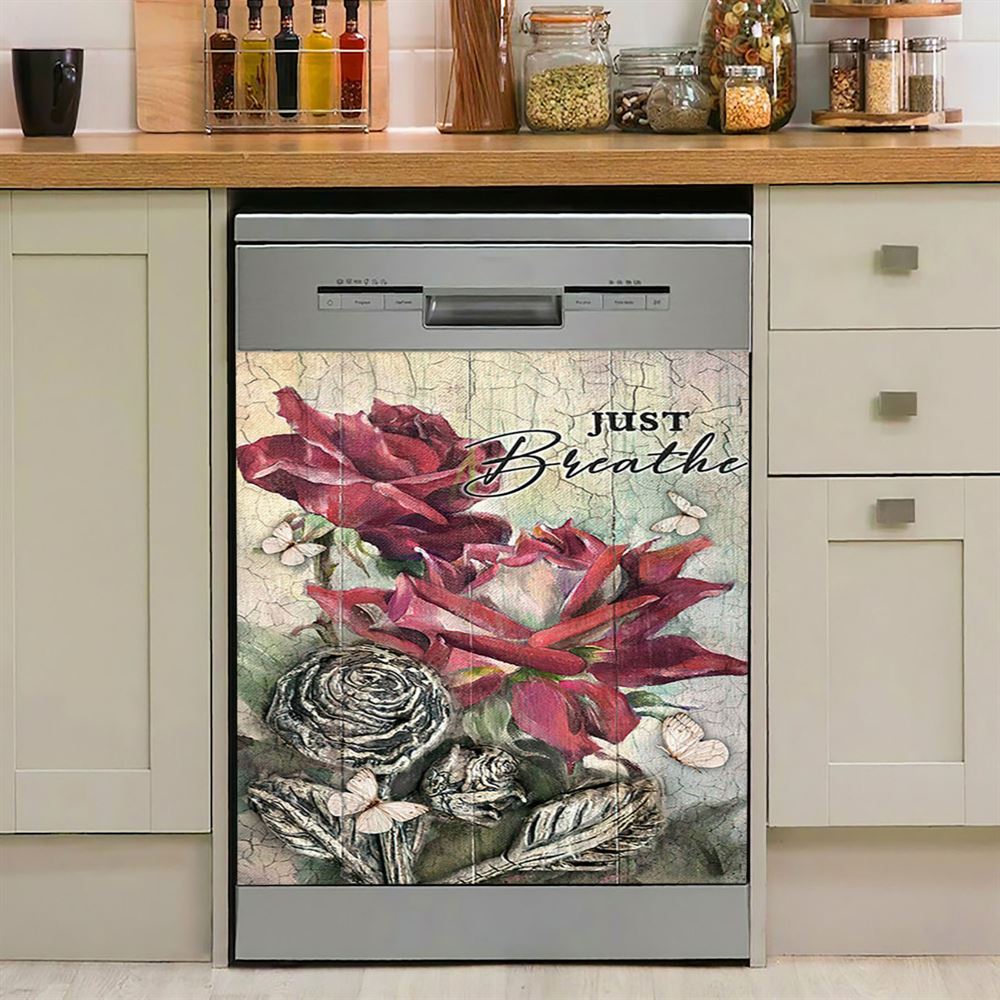 Just Breathe Purple Butterfly Girl Dishwasher Cover, Bible Verse Dishwasher Wrap, Inspirational Kitchen Decoration