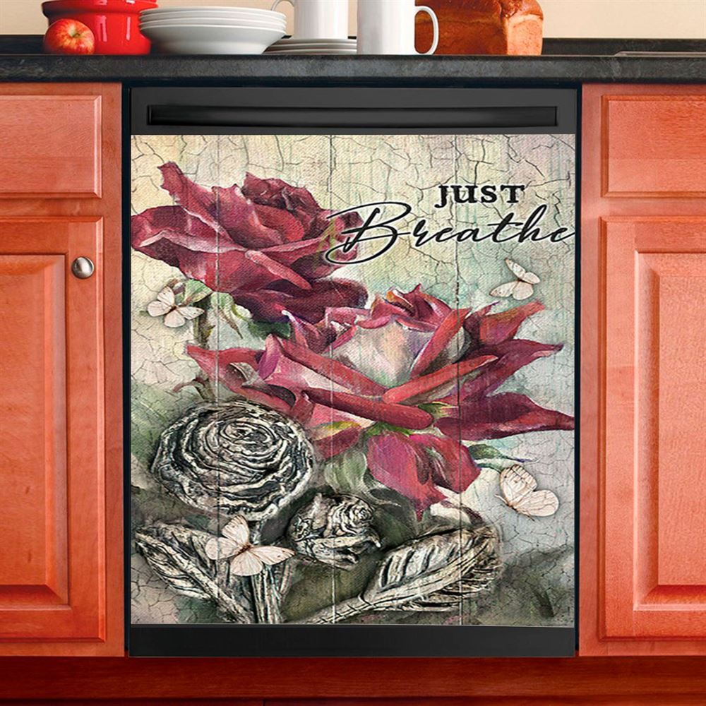 Just Breathe Purple Butterfly Girl Dishwasher Cover, Bible Verse Dishwasher Wrap, Inspirational Kitchen Decoration