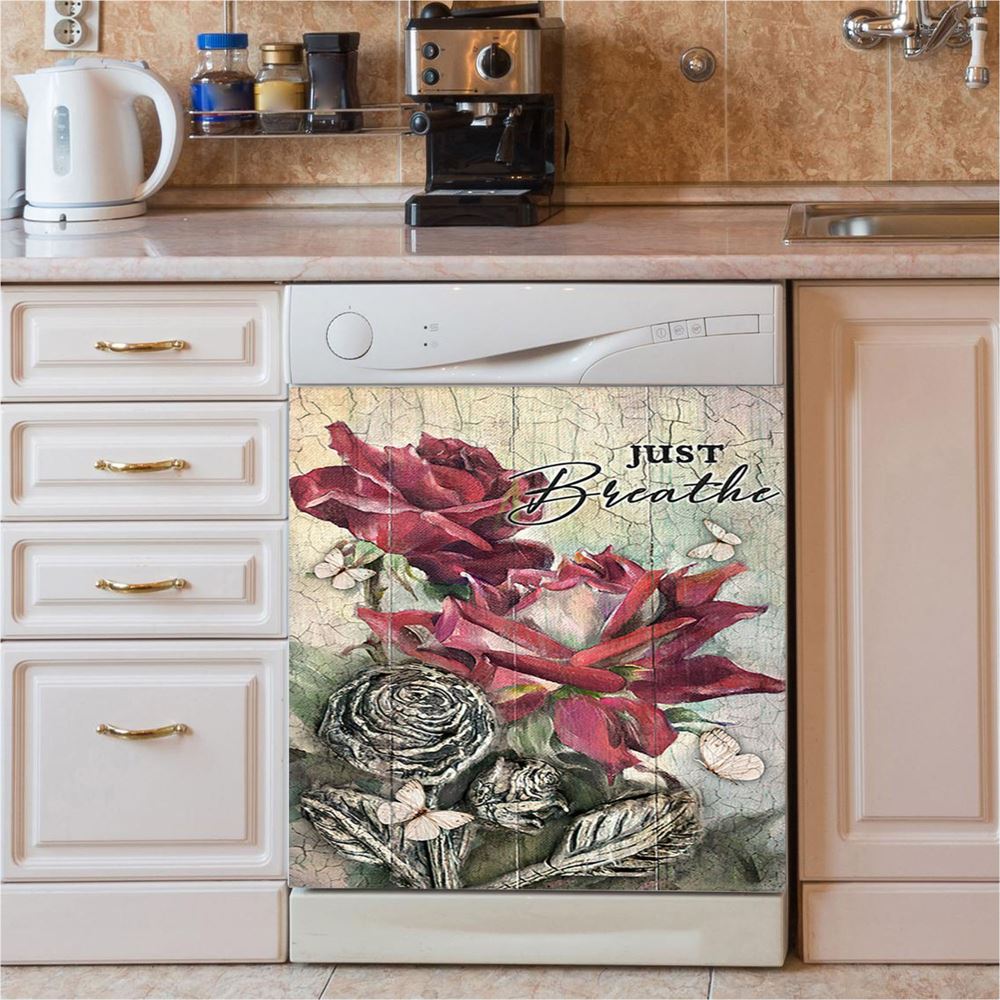 Just Breathe Purple Butterfly Girl Dishwasher Cover, Bible Verse Dishwasher Wrap, Inspirational Kitchen Decoration