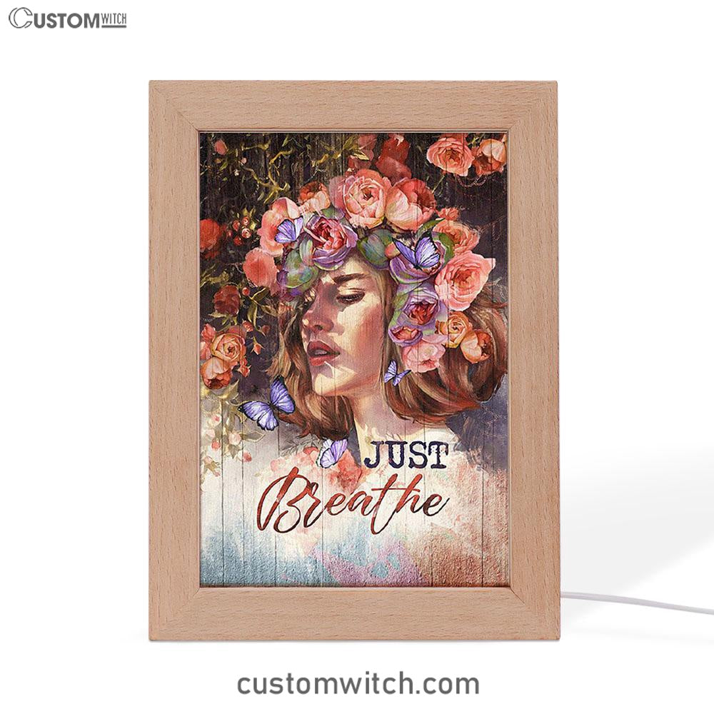 Just Breathe Purple Butterfly Girl Frame Lamp Art - Bible Verse Wooden Lamp - Inspirational Art - Christian Home Decor