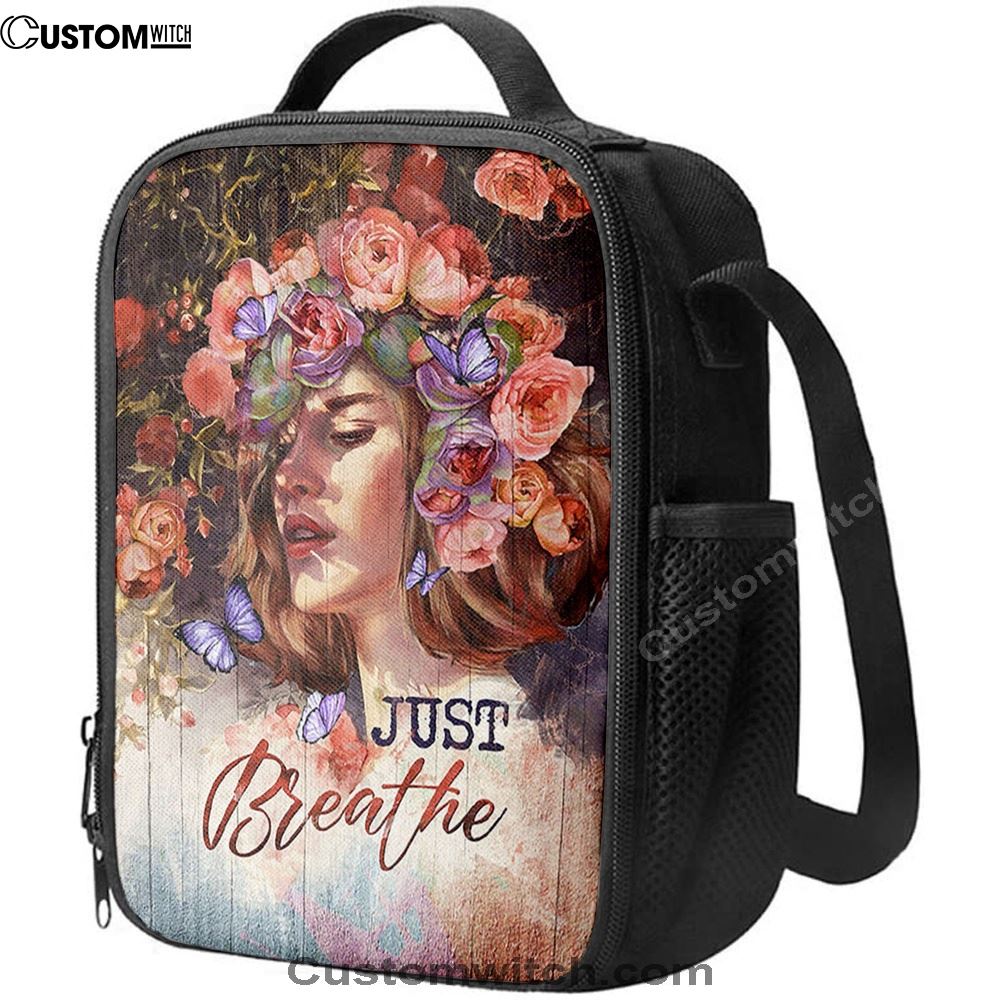 Just Breathe Purple Butterfly Girl Lunch Bag, Christian Lunch Box For School, Picnic