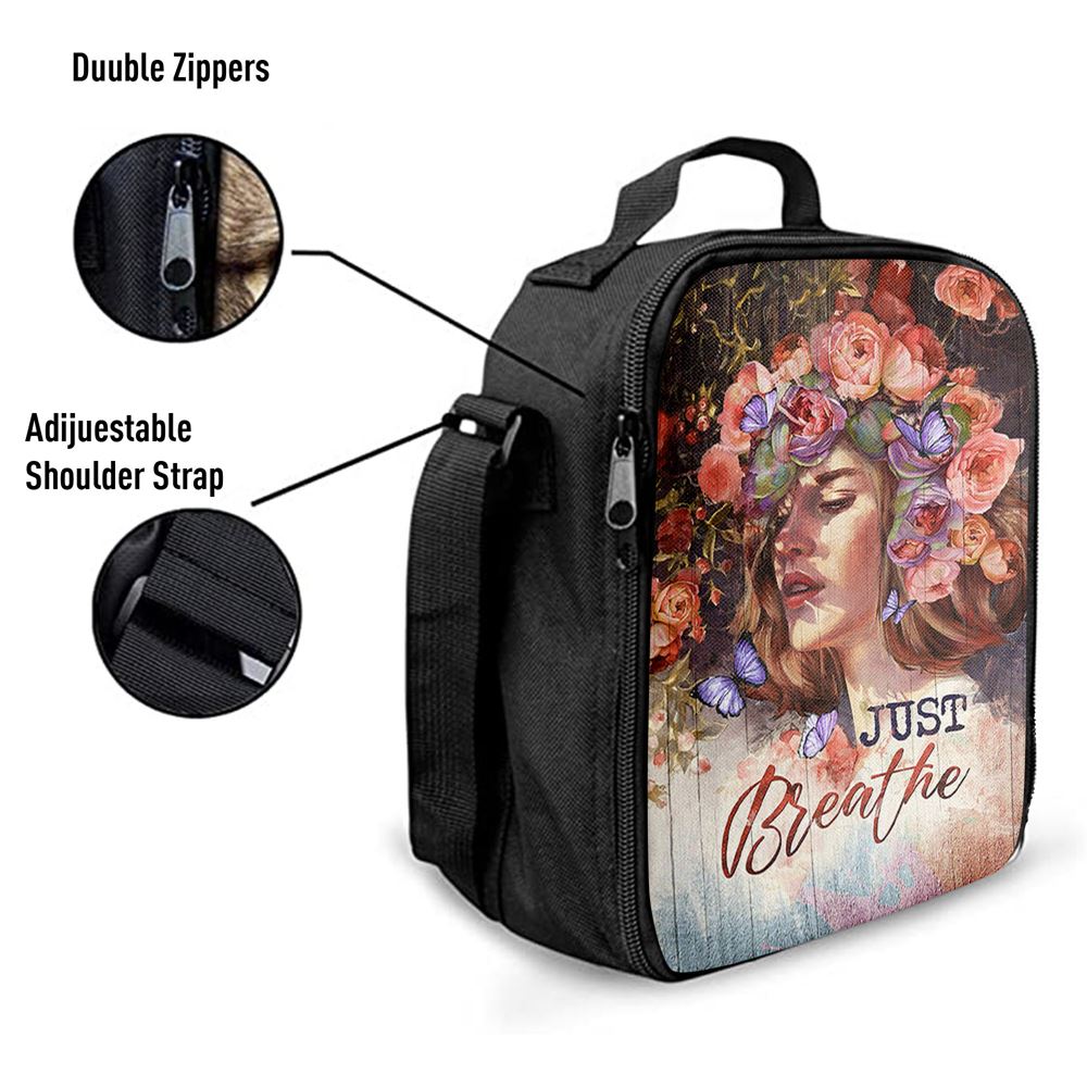 Just Breathe Purple Butterfly Girl Lunch Bag, Christian Lunch Box For School, Picnic