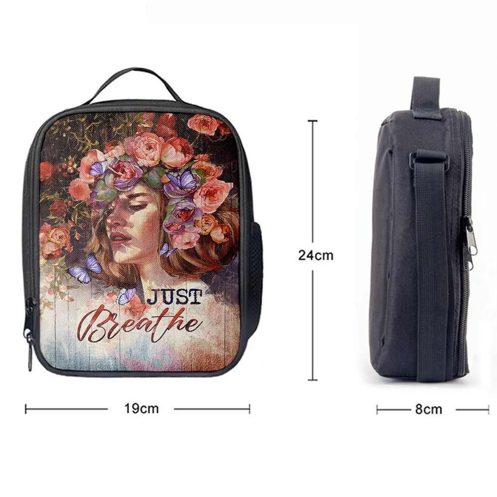 Just Breathe Purple Butterfly Girl Lunch Bag, Christian Lunch Box For School, Picnic