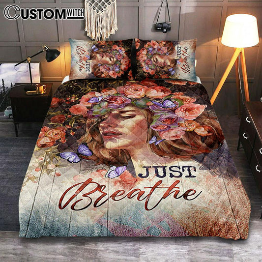 Just Breathe Purple Butterfly Girl Quilt Bedding Set Bedroom - Bible Verse Quilt Bedding Set Art - Christian Home Decor