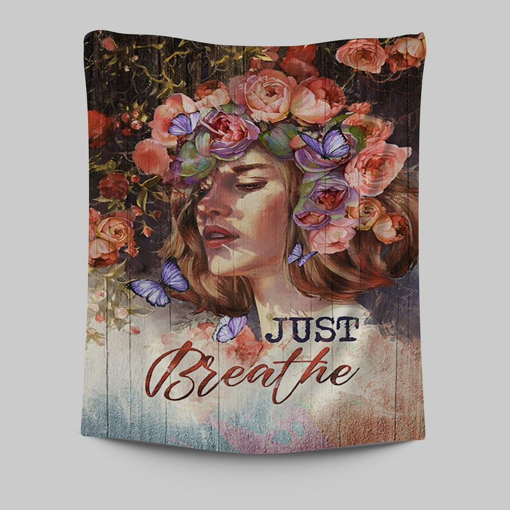 Just Breathe Purple Butterfly Girl Tapestry Wall Art - Bible Verse Tapestry Art - Inspirational Art -  Christian Indoor Wall Tapestries