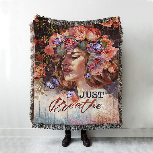 Just Breathe Purple Butterfly Girl Woven Throw Blanket - Bible Verse Woven Blanket Art - Inspirational Art - Christian Home Decor
