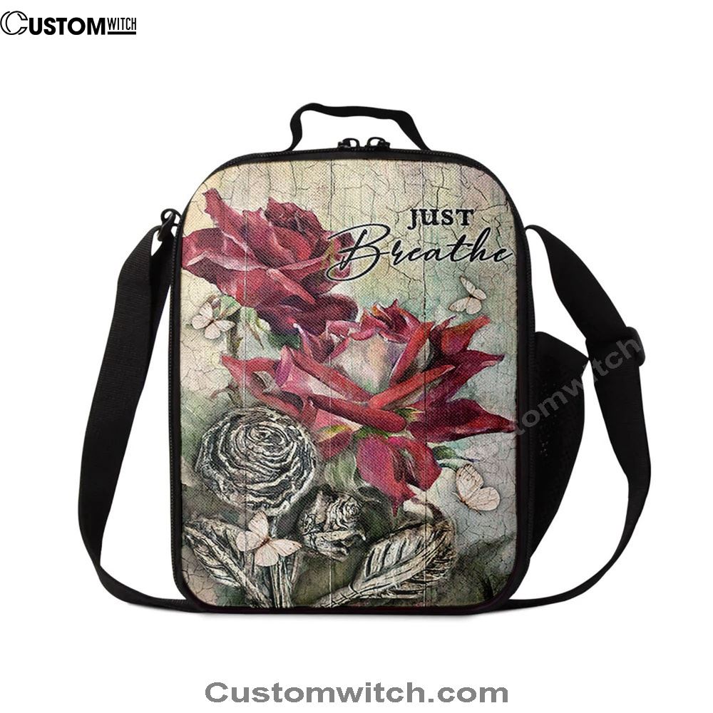 Just Breathe Red Rose Butterfly Lunch Bag, Christian Lunch Box For School, Picnic