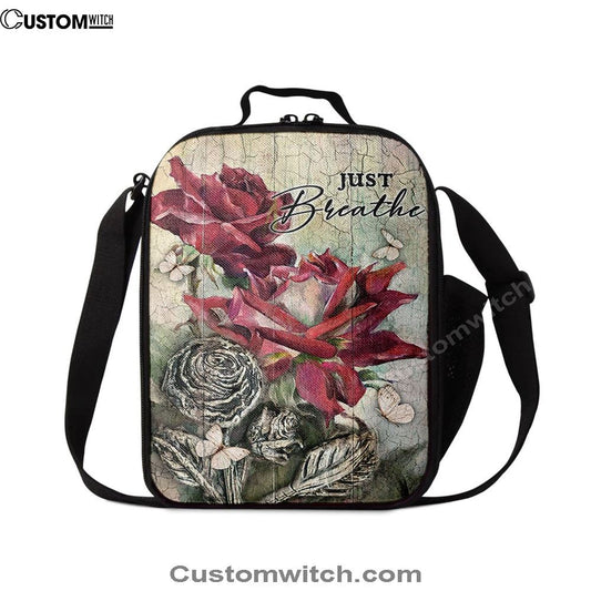 Just Breathe Red Rose Butterfly Lunch Bag, Christian Lunch Box For School, Picnic