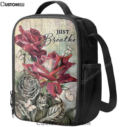 Just Breathe Red Rose Butterfly Lunch Bag, Christian Lunch Box For School, Picnic