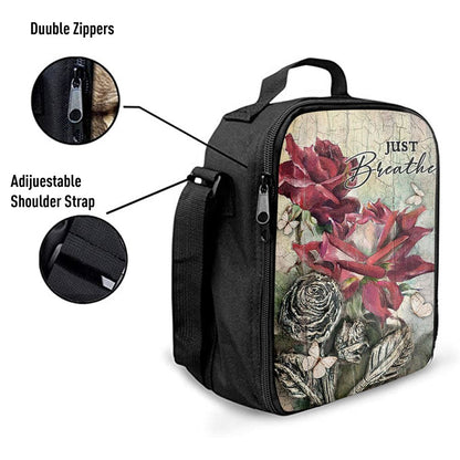 Just Breathe Red Rose Butterfly Lunch Bag, Christian Lunch Box For School, Picnic