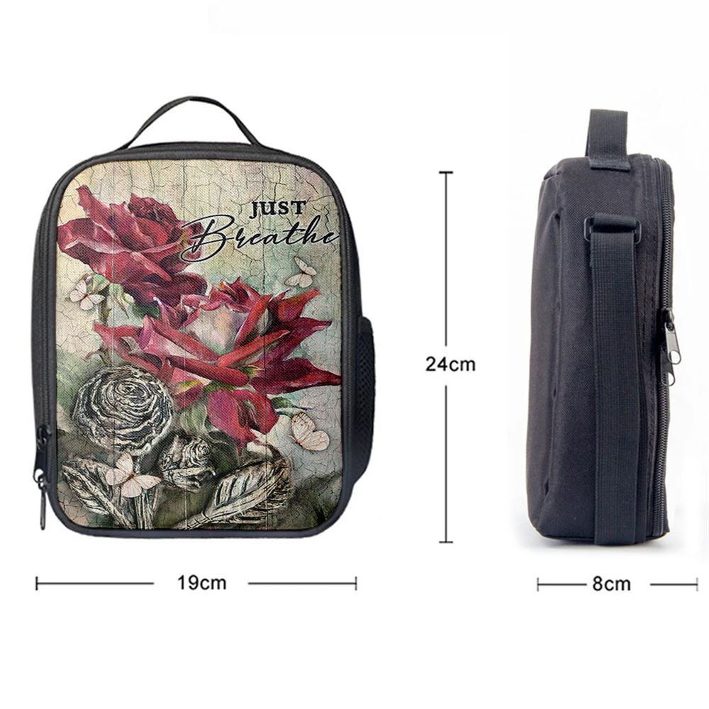 Just Breathe Red Rose Butterfly Lunch Bag, Christian Lunch Box For School, Picnic