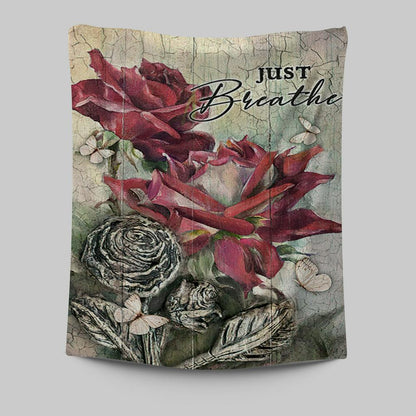 Just Breathe Red Rose Butterfly Tapestry Wall Art - Bible Verse Tapestry Art - Inspirational Art -  Christian Indoor Wall Tapestries