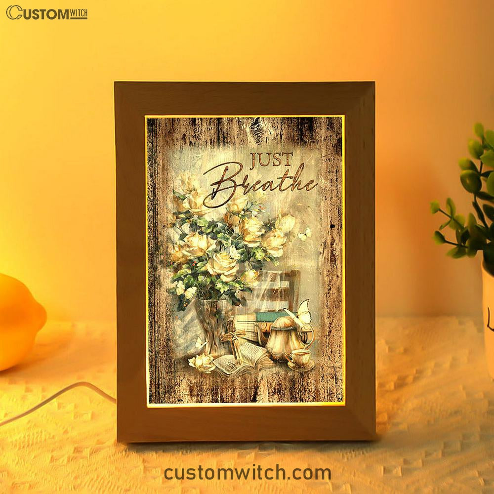 Just Breathe Rose Vase Tea Pot Art Frame Lamp - Bible Verse Wooden Lamp - Christian Art Home Decor