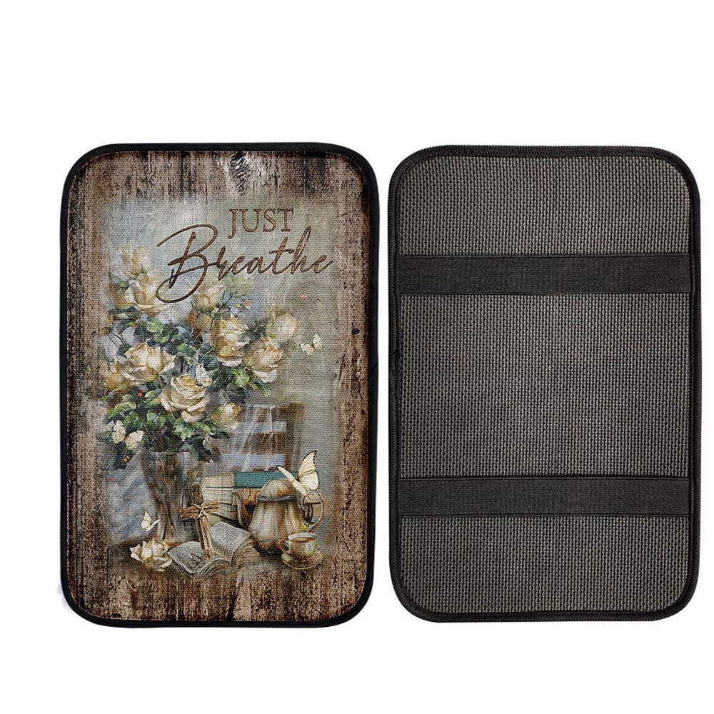Just Breathe Rose Vase Tea Pot Car Center Console Cover, Christian Car Armrest Accessories