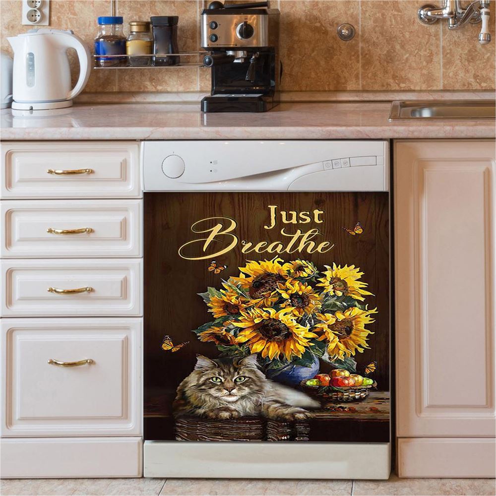 Just Breathe Rose Vase Tea Pot Dishwasher Cover, Bible Verse Dishwasher Wrap, Christian Kitchen Decoration