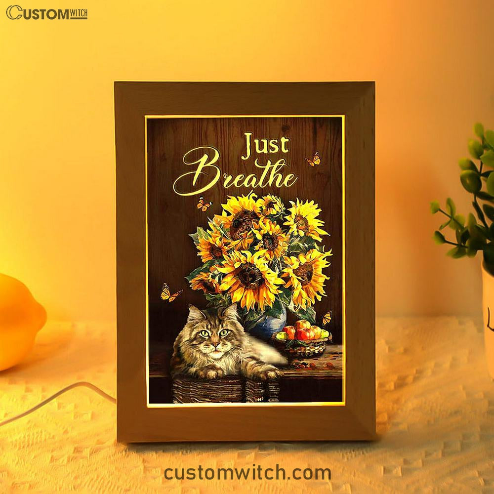 Just Breathe Sunflower Cat Art Frame Lamp - Bible Verse Wooden Lamp - Christian Art Home Decor
