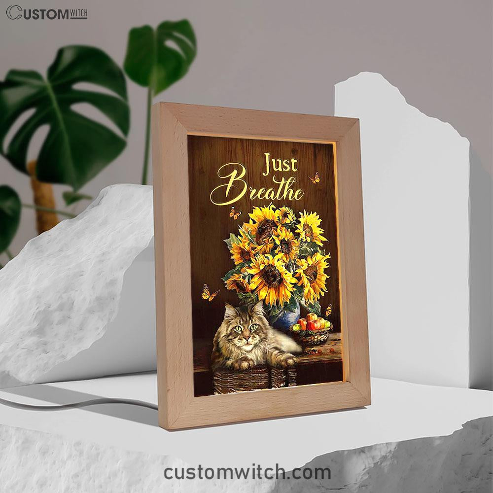 Just Breathe Sunflower Cat Art Frame Lamp - Bible Verse Wooden Lamp - Christian Art Home Decor