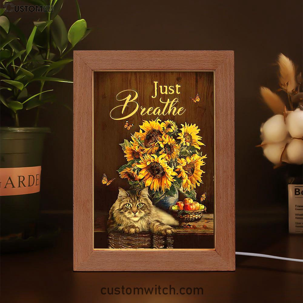 Just Breathe Sunflower Cat Art Frame Lamp - Bible Verse Wooden Lamp - Christian Art Home Decor