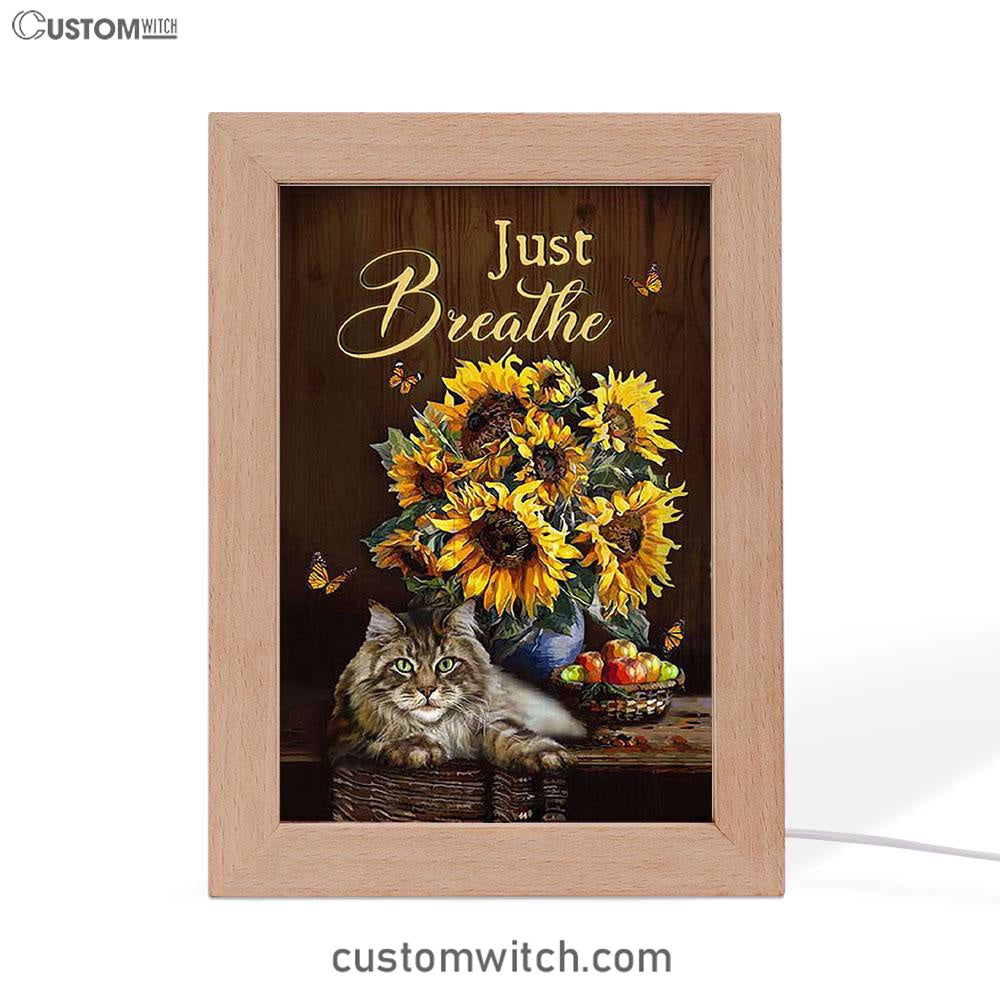 Just Breathe Sunflower Cat Art Frame Lamp - Bible Verse Wooden Lamp - Christian Art Home Decor