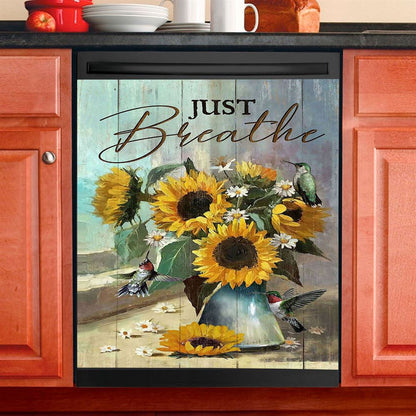 Just Breathe Sunflower Cat Dishwasher Cover, Bible Verse Dishwasher Wrap, Christian Kitchen Decoration