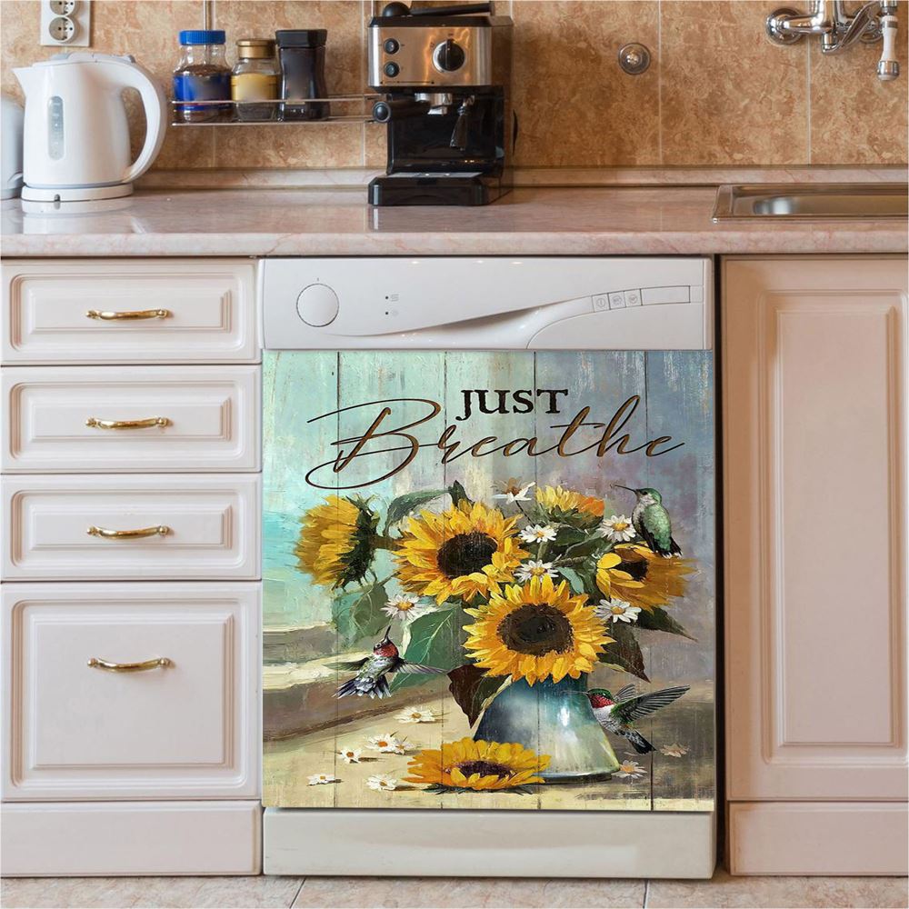 Just Breathe Sunflower Cat Dishwasher Cover, Bible Verse Dishwasher Wrap, Christian Kitchen Decoration