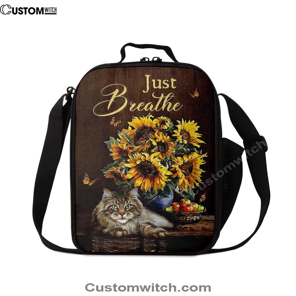 Just Breathe Sunflower Cat Lunch Bag, Christian Lunch Box For School, Picnic