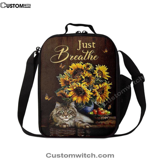 Just Breathe Sunflower Cat Lunch Bag, Christian Lunch Box For School, Picnic