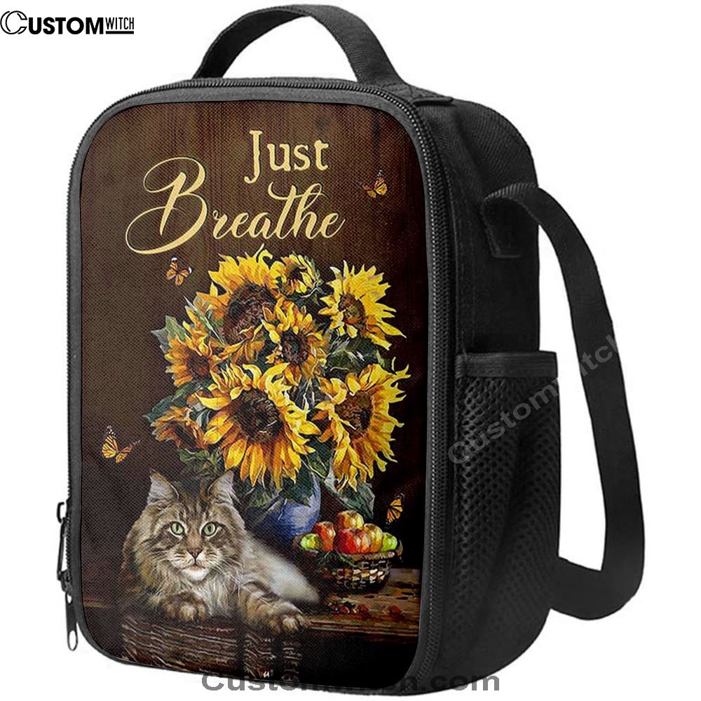 Just Breathe Sunflower Cat Lunch Bag, Christian Lunch Box For School, Picnic