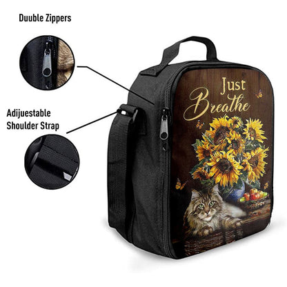 Just Breathe Sunflower Cat Lunch Bag, Christian Lunch Box For School, Picnic