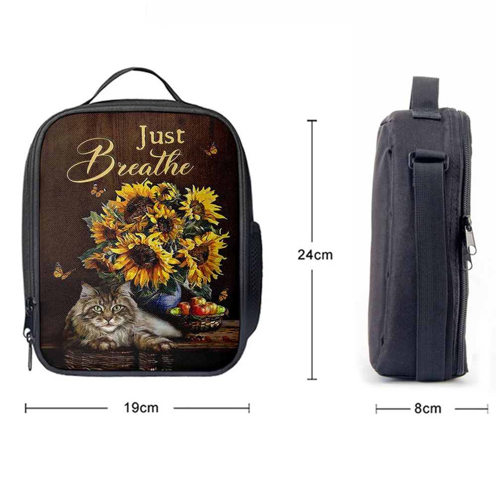 Just Breathe Sunflower Cat Lunch Bag, Christian Lunch Box For School, Picnic