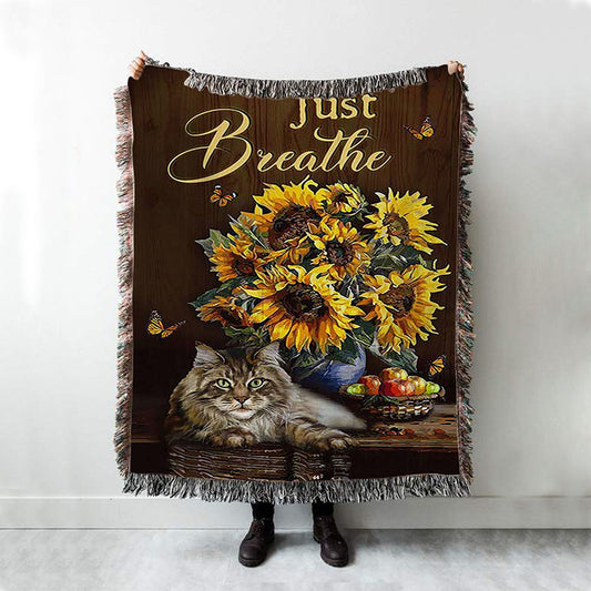 Just Breathe Sunflower Cat Throw Blanket Woven Blanket - Bible Verse Woven Blanket Art - Christian Throw Blanket Home Decor