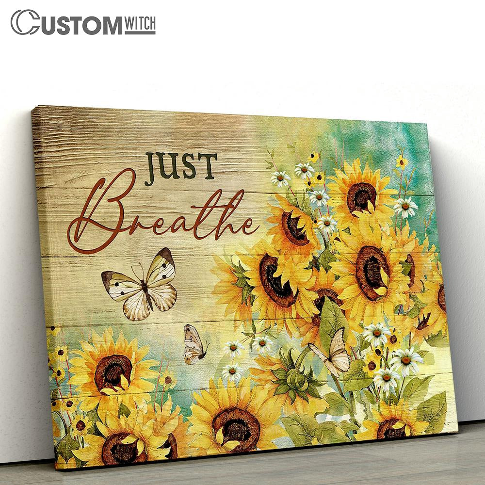 Just Breathe Sunflower Daisy Flower Butterfly Canvas Art - Bible Verse Wall Art - Wall Decor Christian