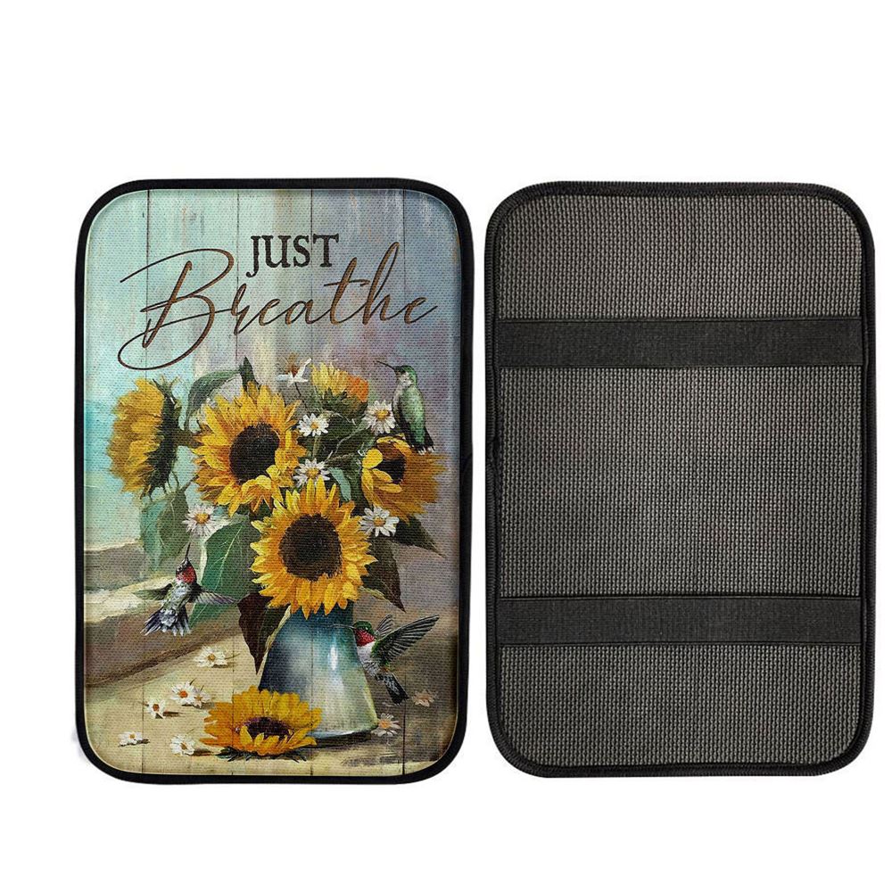Just Breathe Sunflower Vase Hummingbird Car Center Console Cover, Christian Car Armrest Accessories