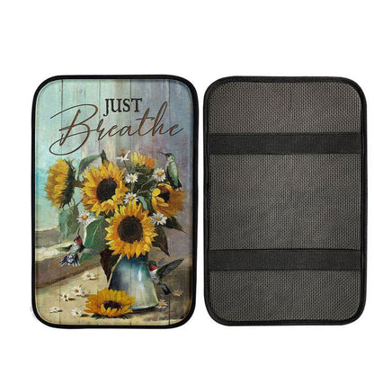 Just Breathe Sunflower Vase Hummingbird Car Center Console Cover, Christian Car Armrest Accessories