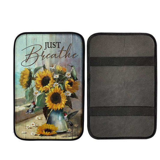 Just Breathe Sunflower Vase Hummingbird Car Center Console Cover, Christian Car Armrest Accessories