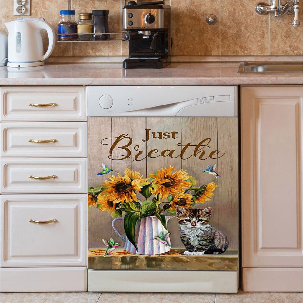 Just Breathe Sunflower Vase Hummingbird Dishwasher Cover, Christian Dishwasher Wrap, Bible Verse Kitchen Decoration