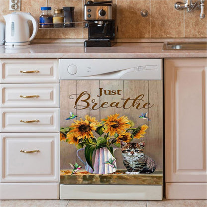 Just Breathe Sunflower Vase Hummingbird Dishwasher Cover, Christian Dishwasher Wrap, Bible Verse Kitchen Decoration
