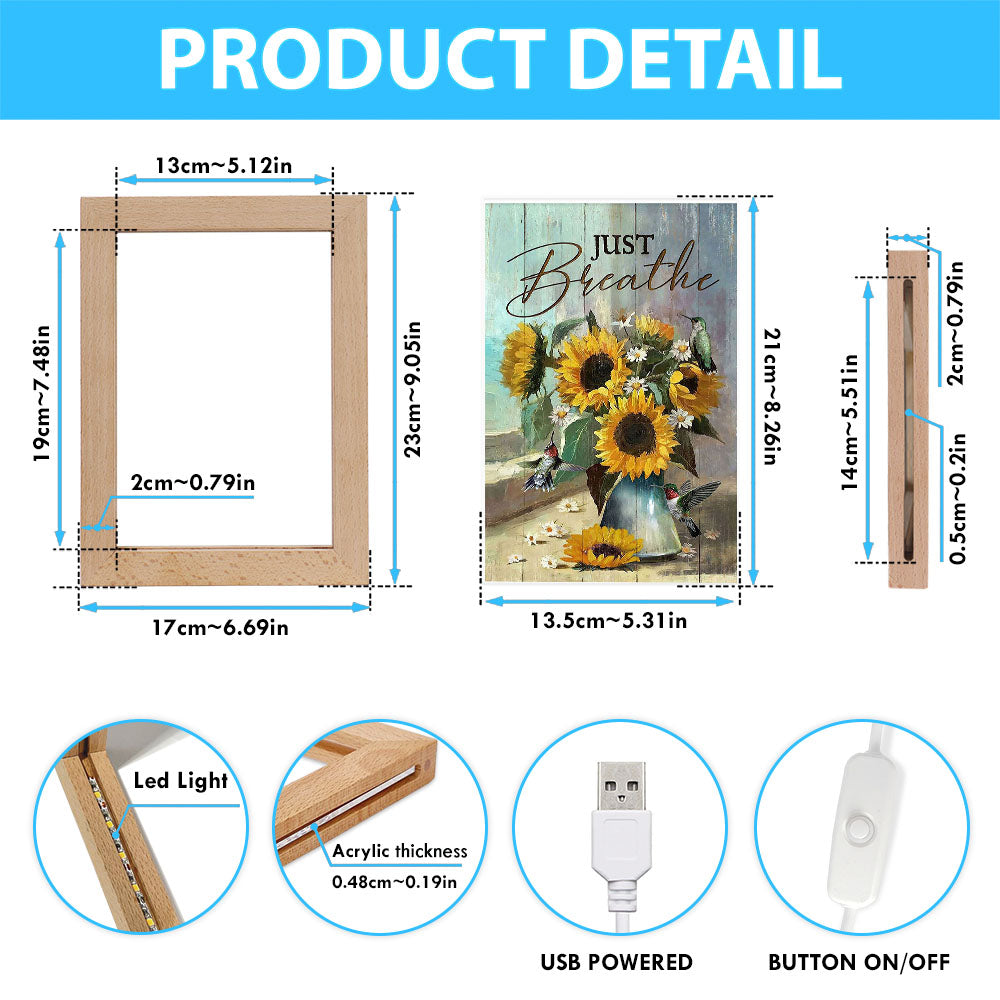 Just Breathe Sunflower Vase Hummingbird Frame Lamp Art - Christian Art - Bible Verse Art - Religious Home Decor