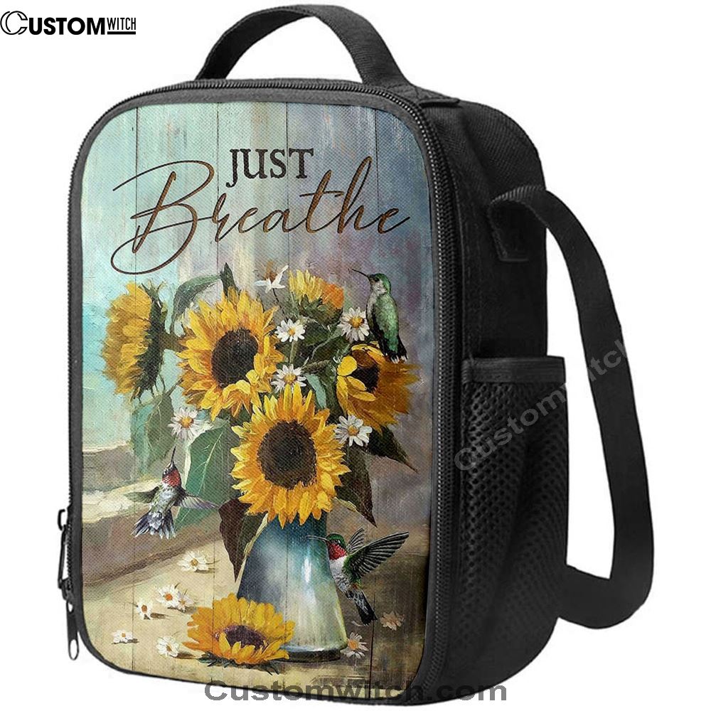 Just Breathe Sunflower Vase Hummingbird Lunch Bag, Christian Lunch Box For School, Picnic