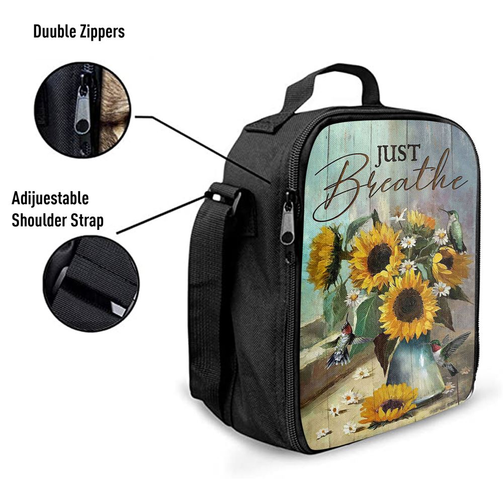 Just Breathe Sunflower Vase Hummingbird Lunch Bag, Christian Lunch Box For School, Picnic