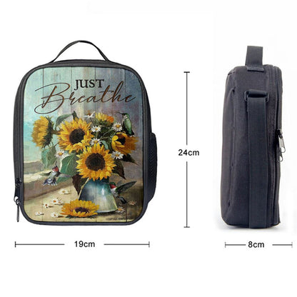 Just Breathe Sunflower Vase Hummingbird Lunch Bag, Christian Lunch Box For School, Picnic