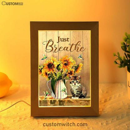 Just Breathe Sunflower Vase Little Cat Hummingbird Art Frame Lamp - Bible Verse Wooden Lamp - Christian Art Home Decor