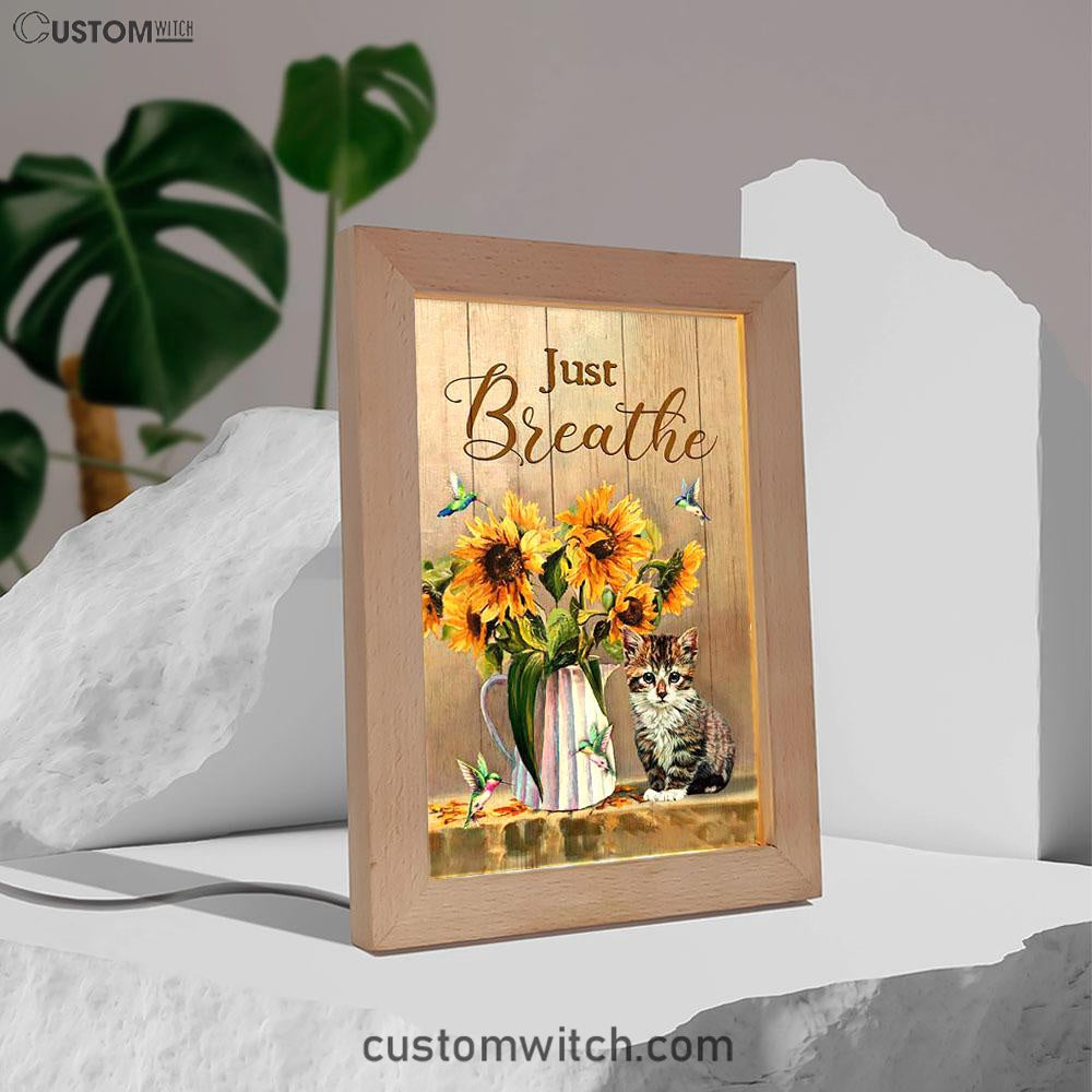 Just Breathe Sunflower Vase Little Cat Hummingbird Art Frame Lamp - Bible Verse Wooden Lamp - Christian Art Home Decor