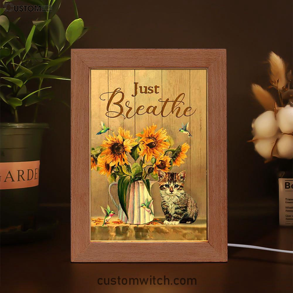 Just Breathe Sunflower Vase Little Cat Hummingbird Art Frame Lamp - Bible Verse Wooden Lamp - Christian Art Home Decor