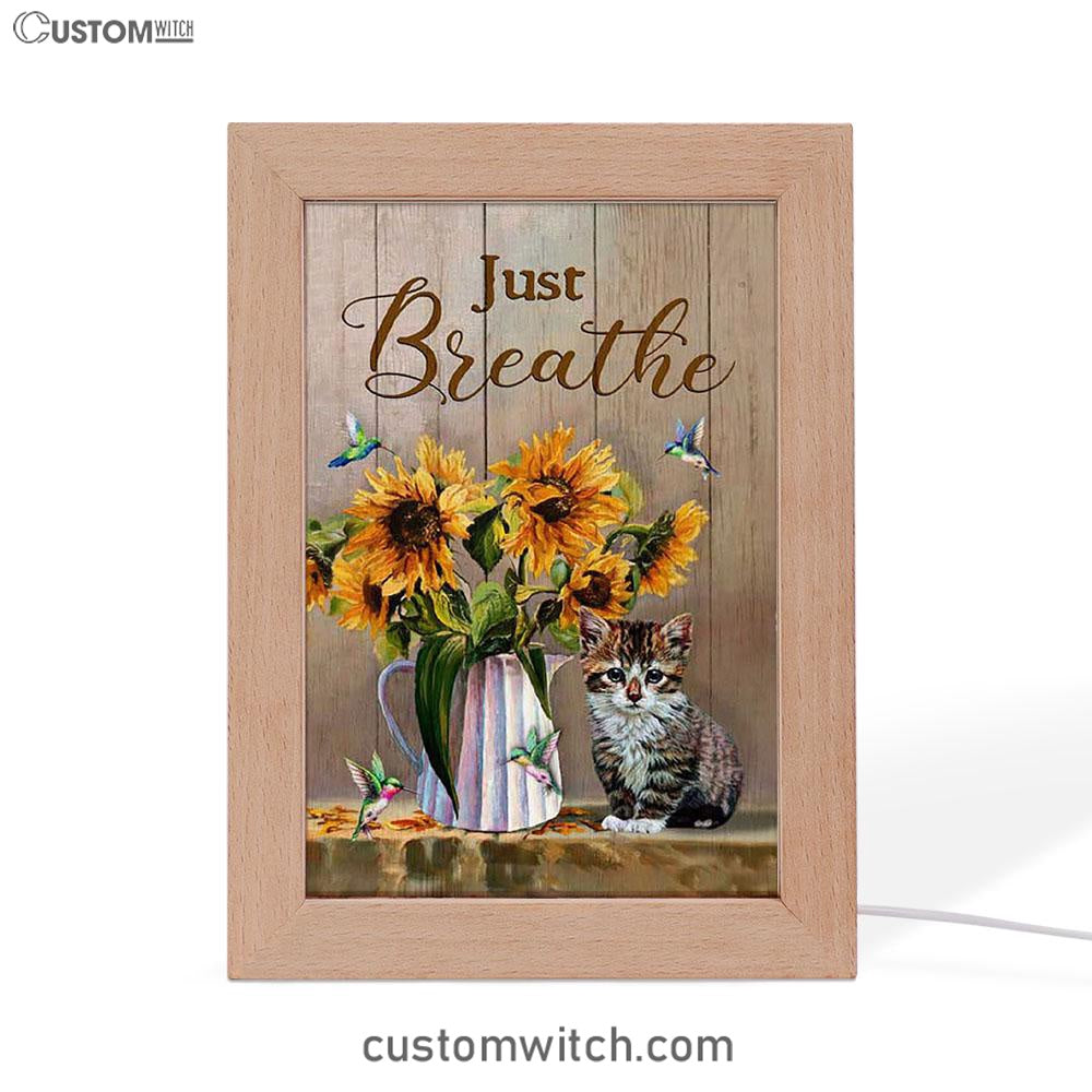 Just Breathe Sunflower Vase Little Cat Hummingbird Art Frame Lamp - Bible Verse Wooden Lamp - Christian Art Home Decor