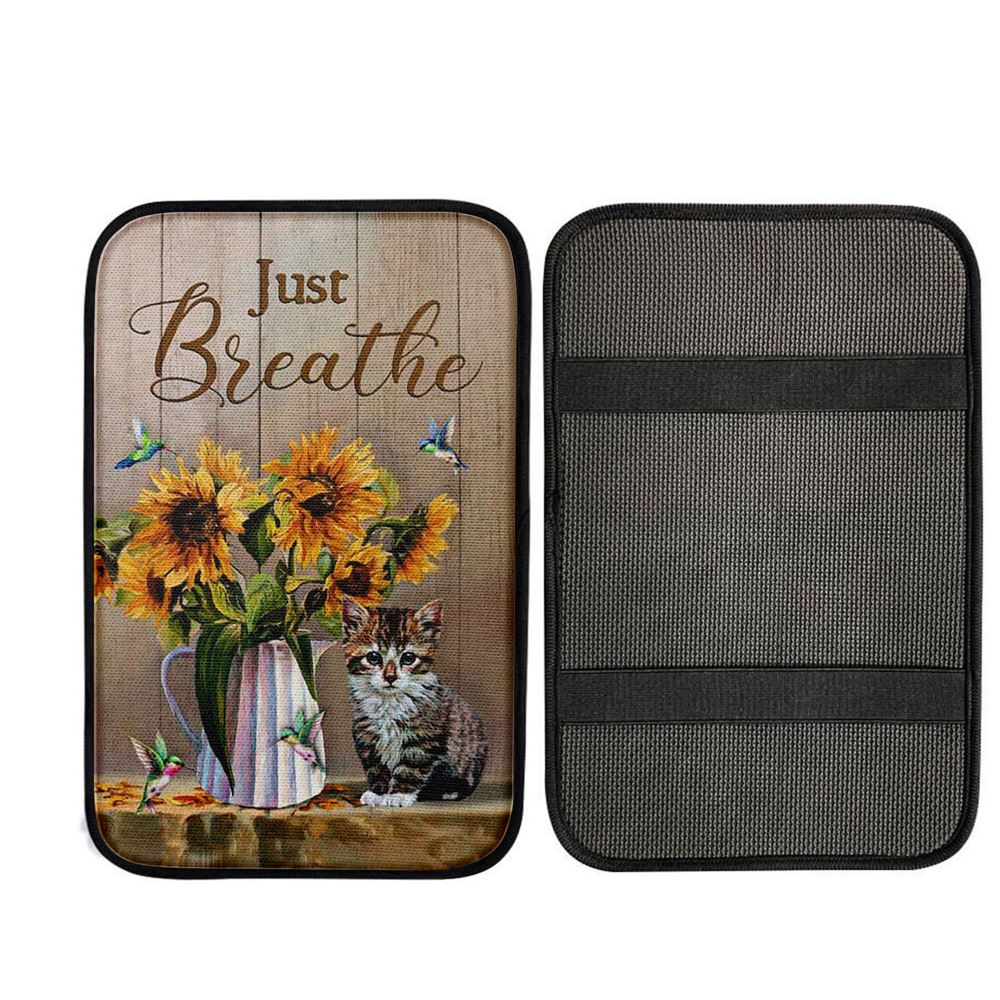 Just Breathe Sunflower Vase Little Cat Hummingbird Car Center Console Cover, Christian Car Armrest Accessories