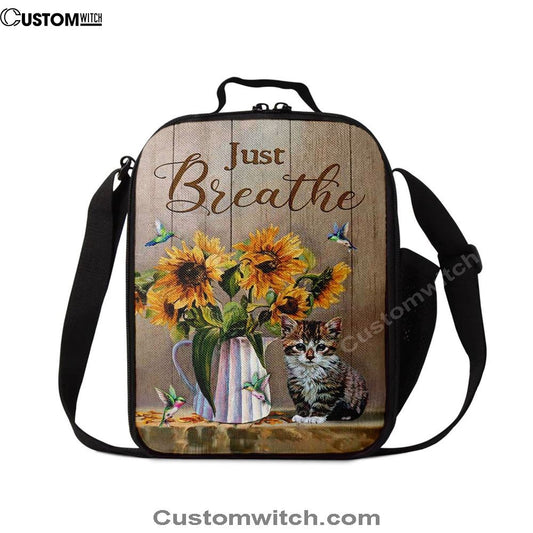 Just Breathe Sunflower Vase Little Cat Hummingbird Lunch Bag, Christian Lunch Box For School, Picnic