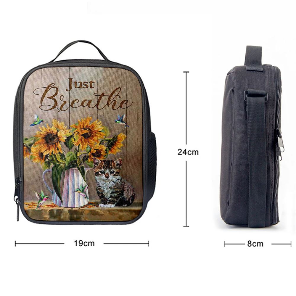 Just Breathe Sunflower Vase Little Cat Hummingbird Lunch Bag, Christian Lunch Box For School, Picnic
