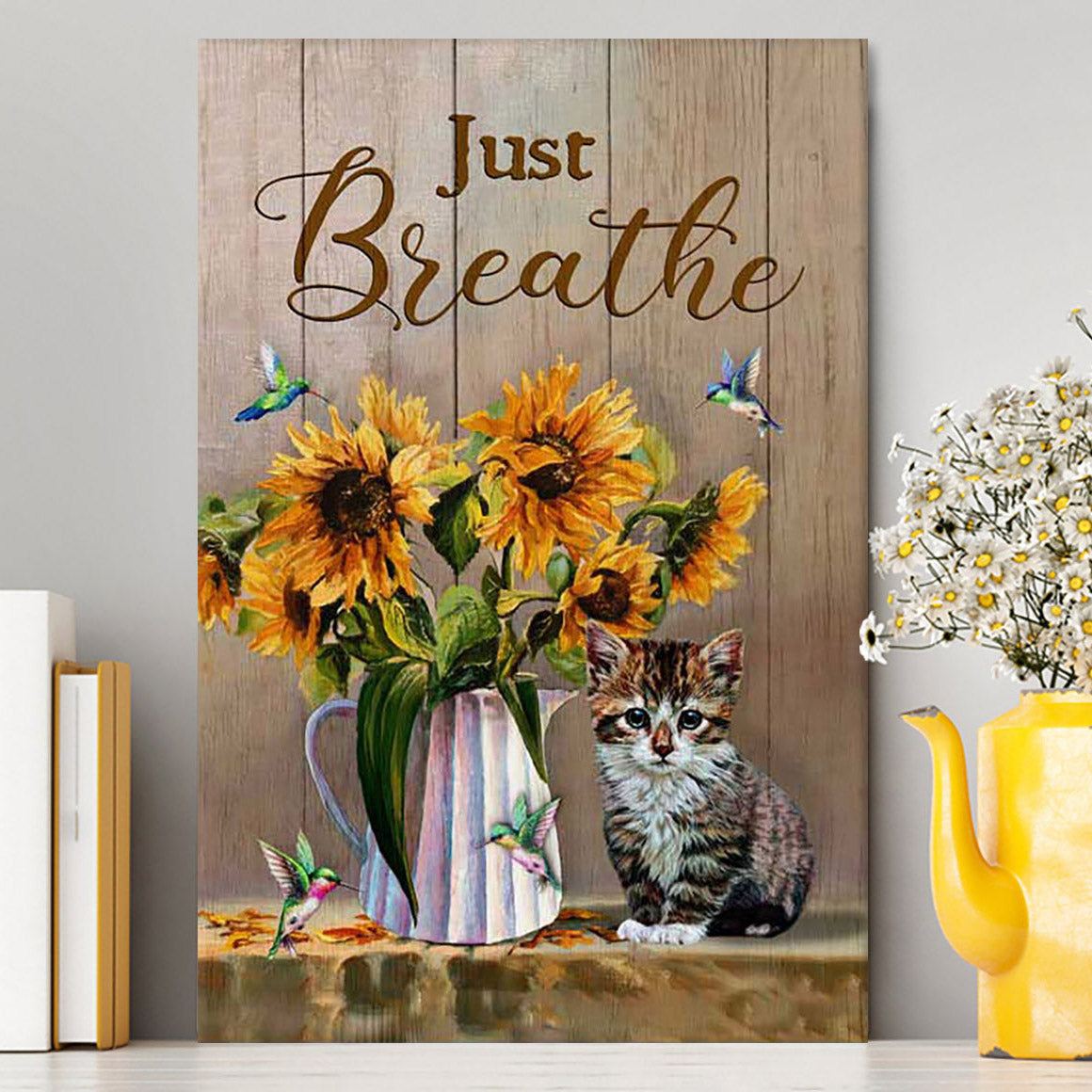 Just Breathe Sunflower Vase Little Cat Hummingbird Wall Art Canvas - Bible Verse Canvas Art - Christian Wall Art Home Decor