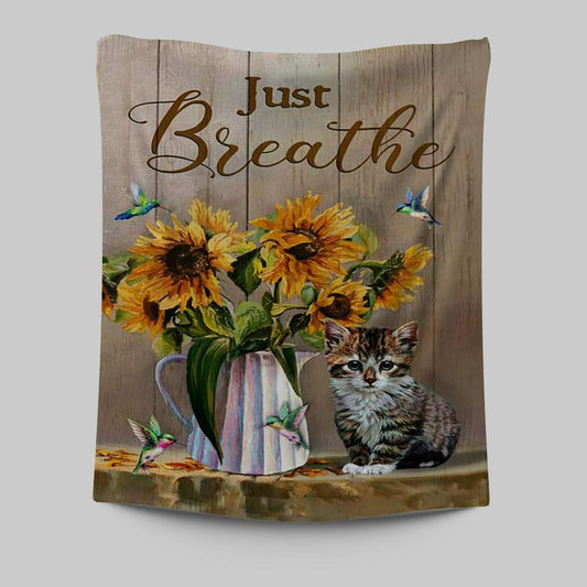 Just Breathe Sunflower Vase Little Cat Hummingbird Wall Art Tapestry - Bible Verse Tapestry Art - Christian Wall Art Home Decor